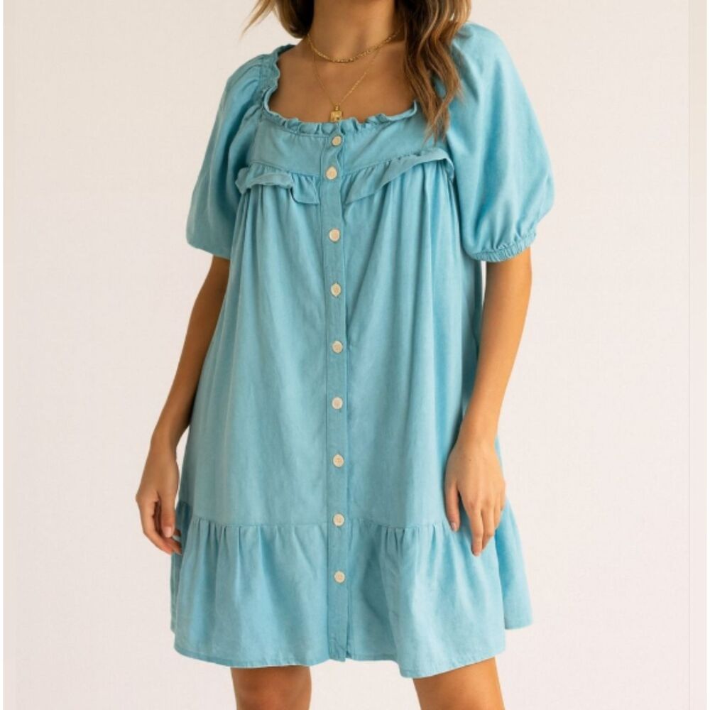 Stoney Clover Ln Blue Babydoll Linen Blend Mini Dress Size Small